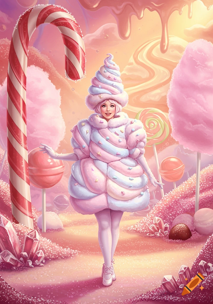 A woman dressed as a marshmallow stands in a vibrant candy land with giant lollipops, candy canes, and sparkling sugar crystals.