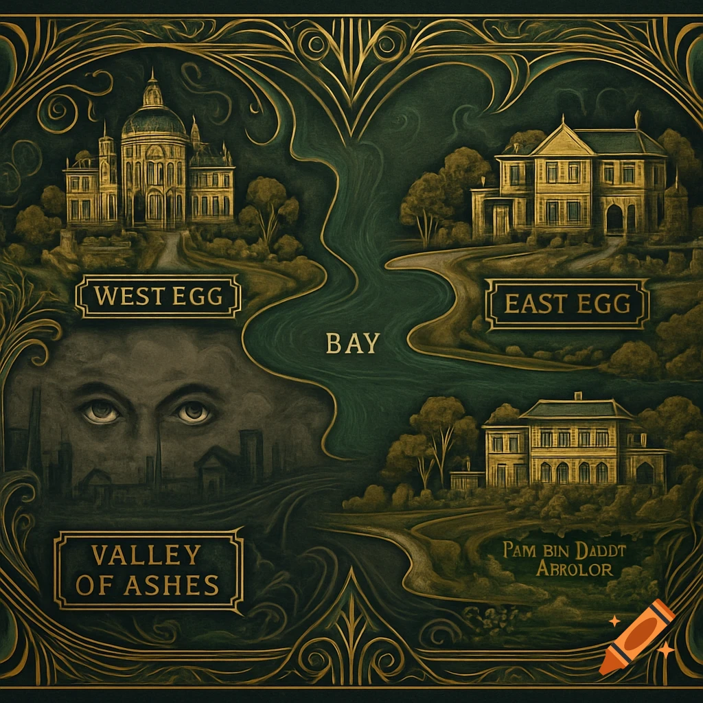 An art deco map in gold and dark green, showing West Egg, East Egg, a bay, and the Valley of Ashes with peering eyes, from The Great Gatsby.