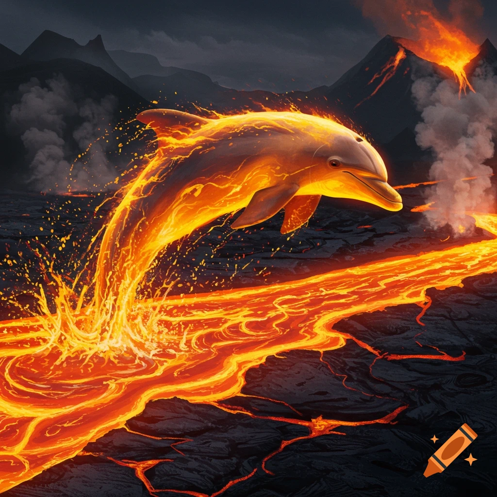 A majestic lava dolphin leaps from a flowing river of molten lava in a dark, volcanic landscape with erupting volcanoes.
