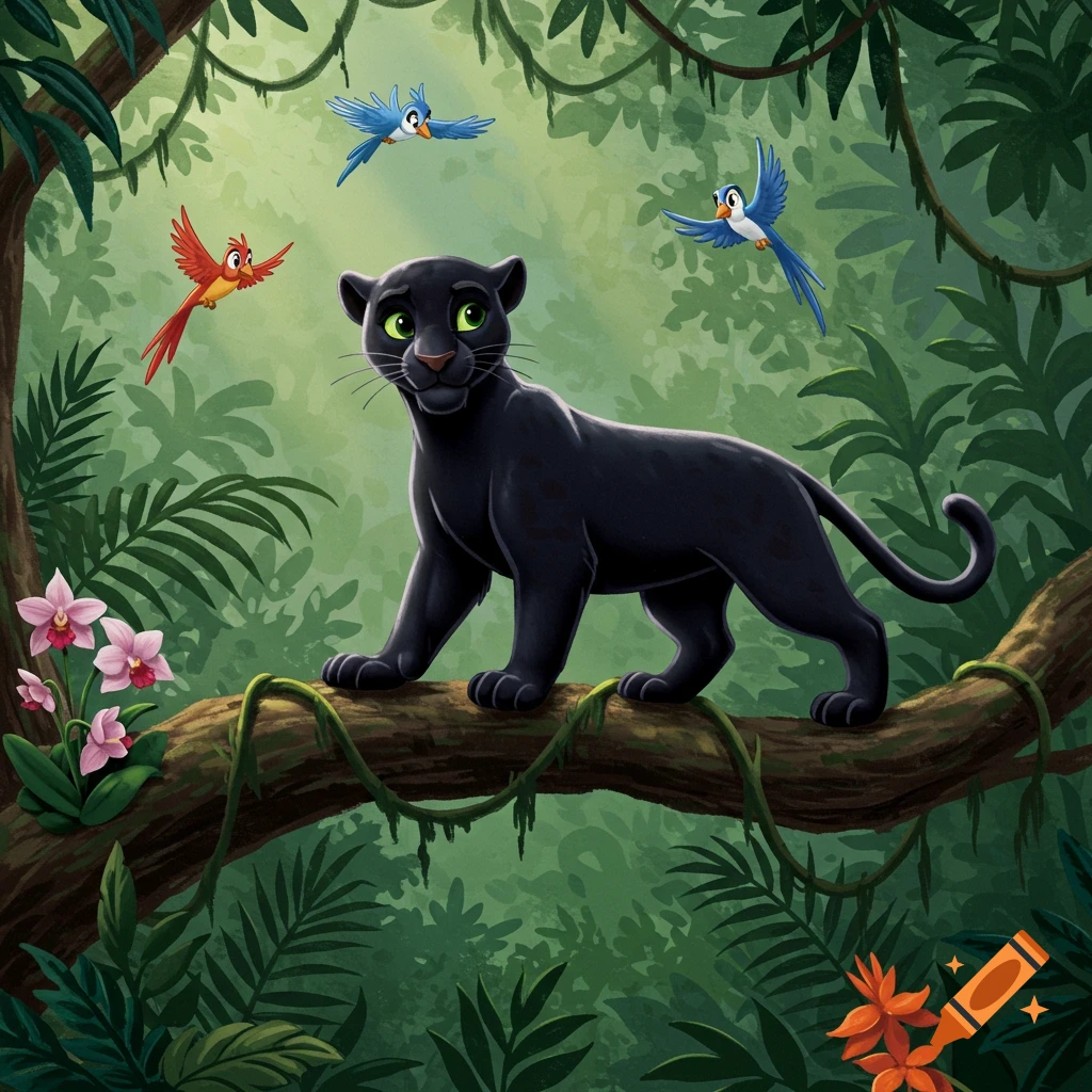 A cartoon black panther with green eyes stands on a jungle tree branch, surrounded by lush foliage, colorful birds, and flowers.