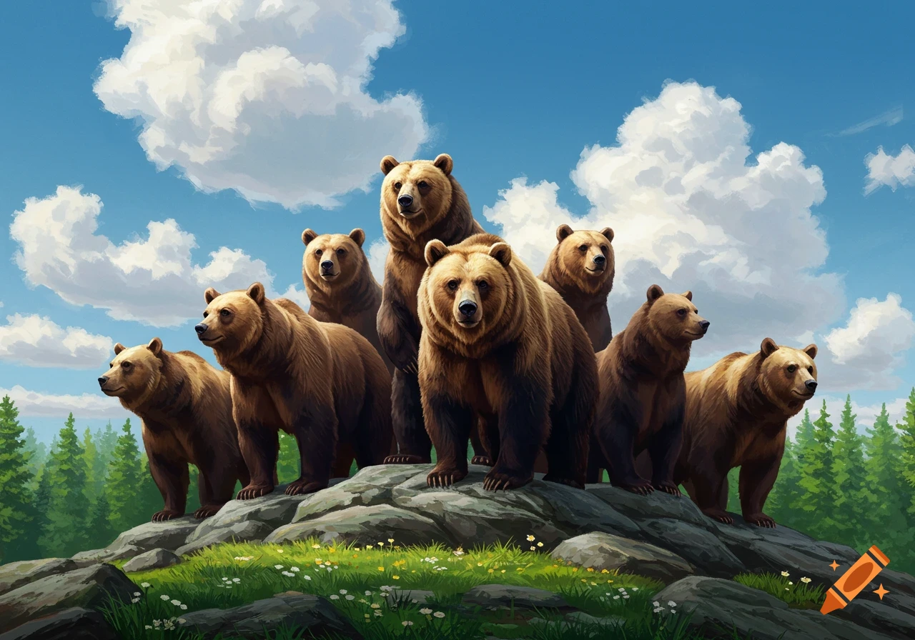 Eight brown bears stand on a rocky hill with green grass and a pine forest under a blue sky with white clouds, in an illustrative style.