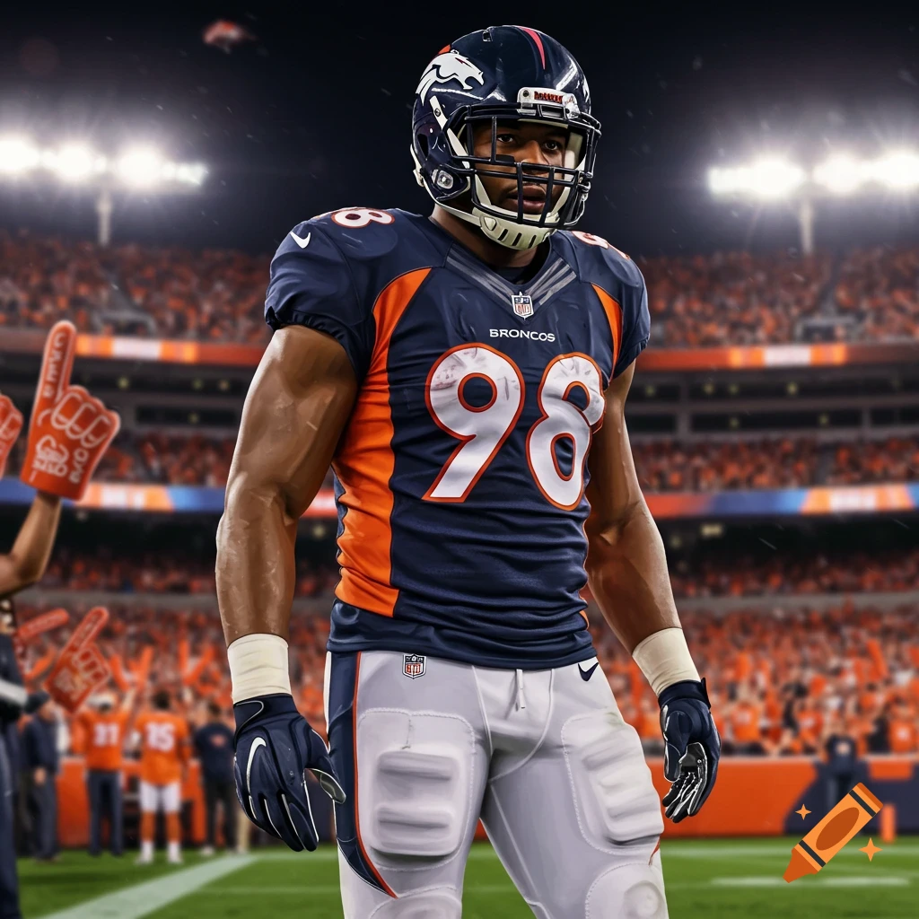 Photorealistic image of a Denver Broncos football player in uniform, number 98, on the field in a stadium, looking forward.