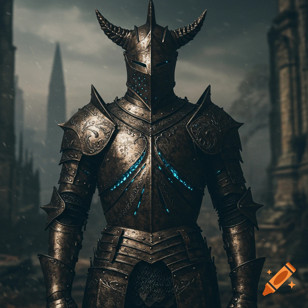 A dark knight in ornate horned armor with glowing blue accents stands in a ruined, stormy setting. Photorealistic style.