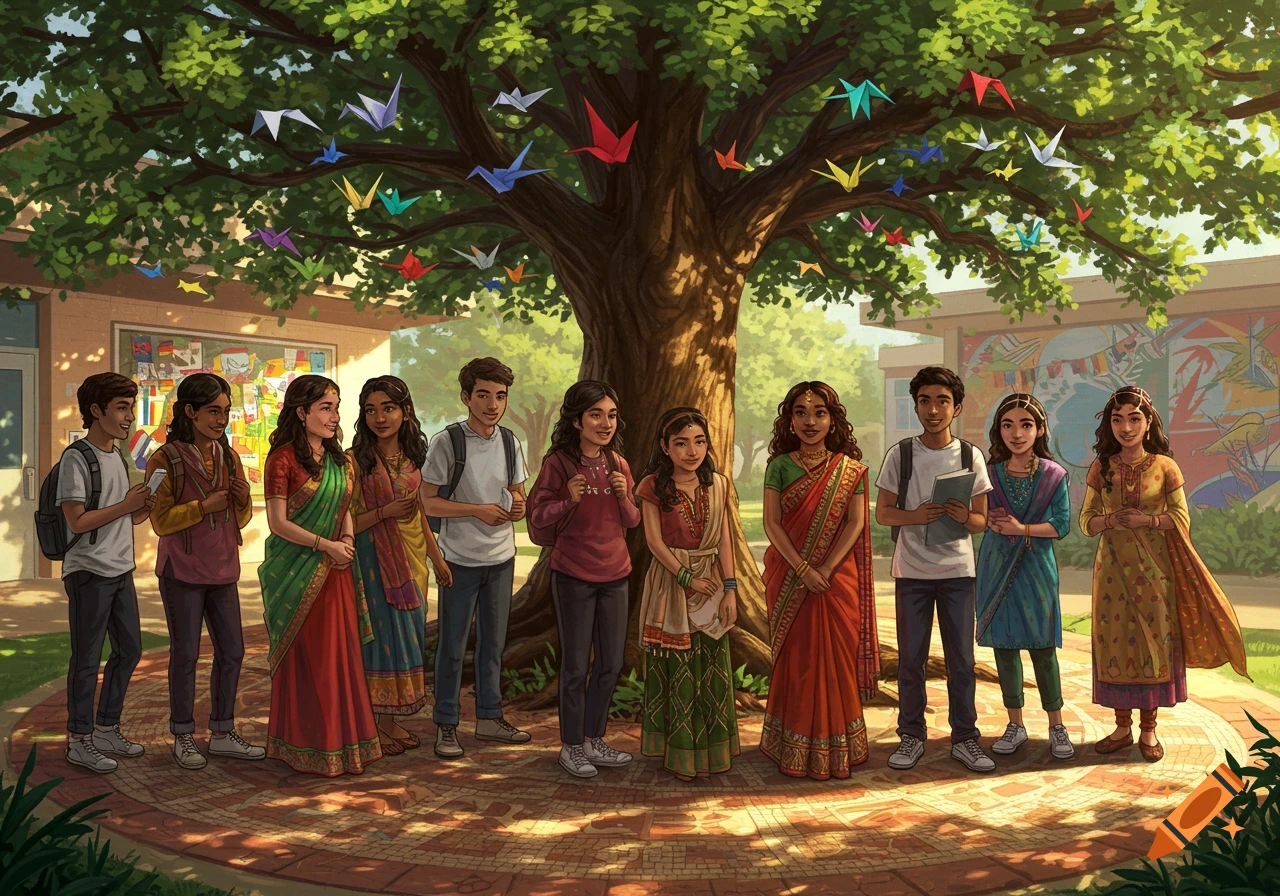 Diverse students in traditional and modern attire stand under a tree with origami birds at a high school. Digital illustration.