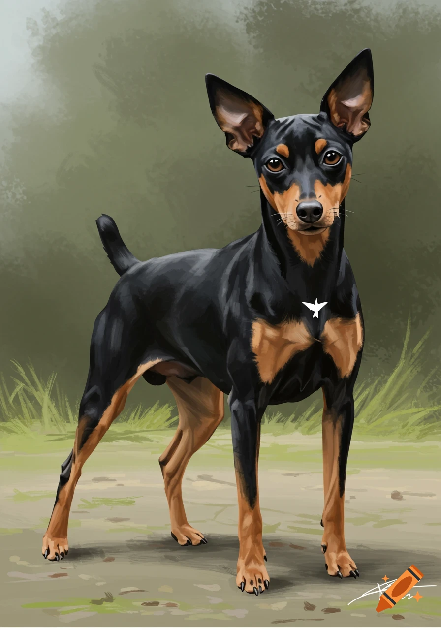 A digital painting of a black and tan Foxy Rat Terrier standing outdoors with a white bird marking on its chest.