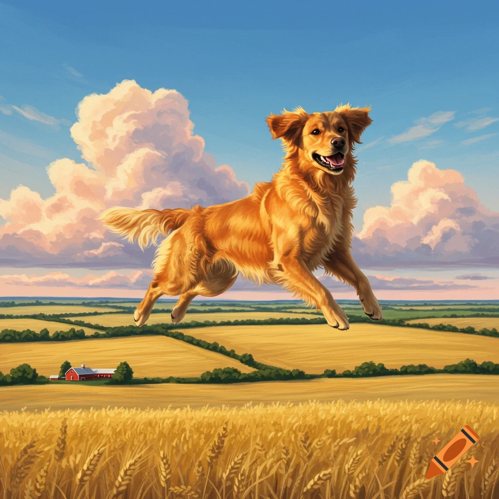 A happy Golden Retriever leaps high, flying over golden wheat fields under a blue sky with fluffy clouds, in an illustrated style.