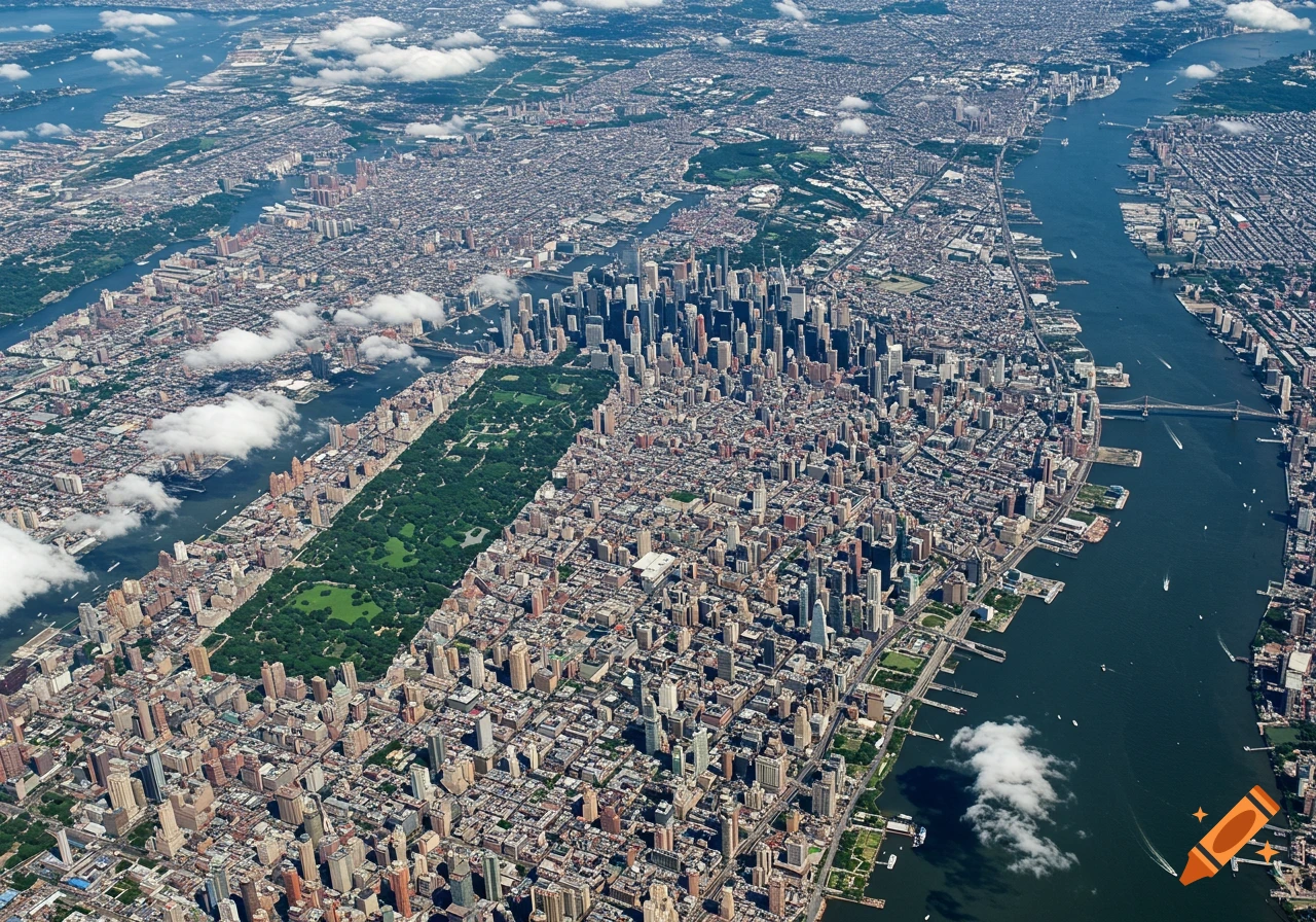 Photorealistic aerial view of New York City's Manhattan, Central Park, and surrounding rivers.