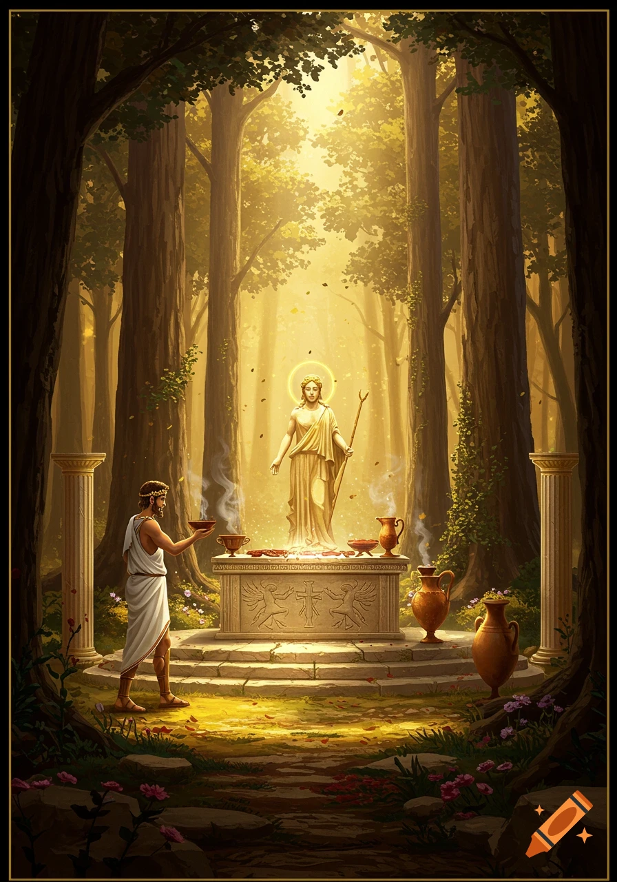 A man in a toga offers incense at an altar with a goddess statue in a sunlit forest grove, ancient columns present.