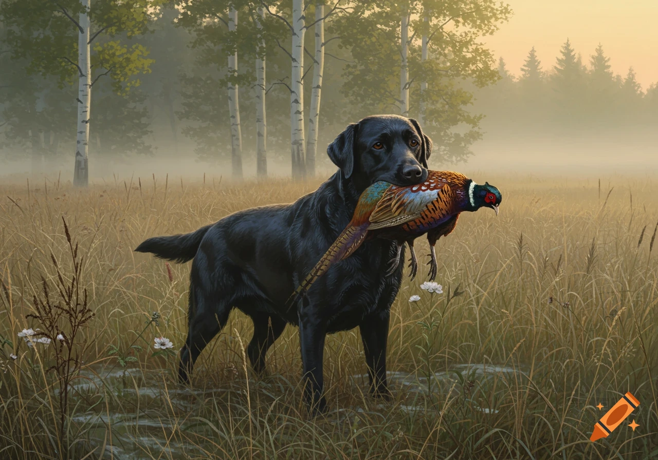 A black Labrador retriever stands in a misty field, holding a pheasant in its mouth.