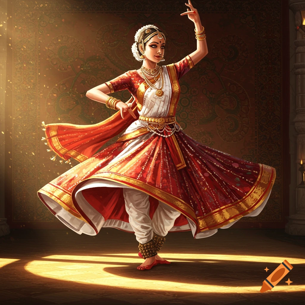 A beautiful Kathak dancer in traditional red and white attire with gold jewelry strikes a graceful pose under a spotlight.