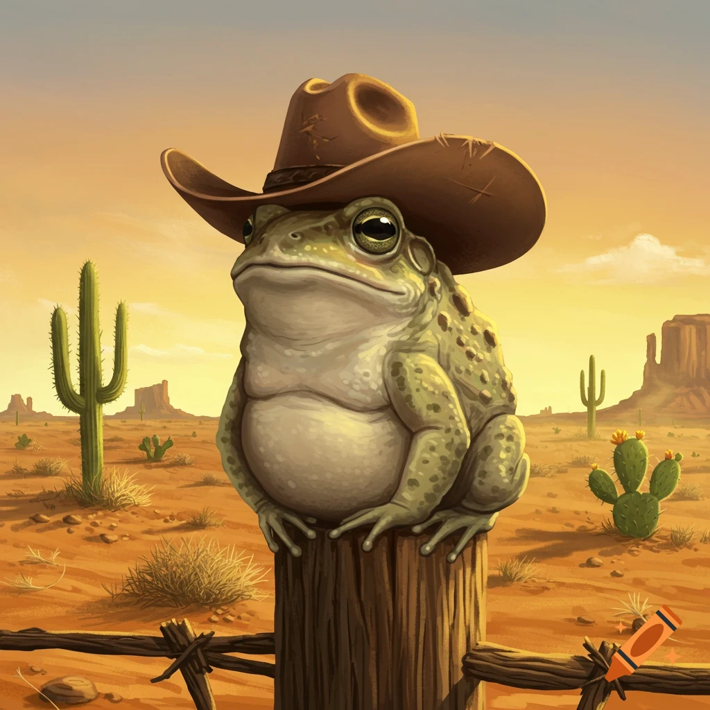 A digital illustration of a fat toad wearing a cowboy hat, sitting on a wooden post in a desert with cacti.