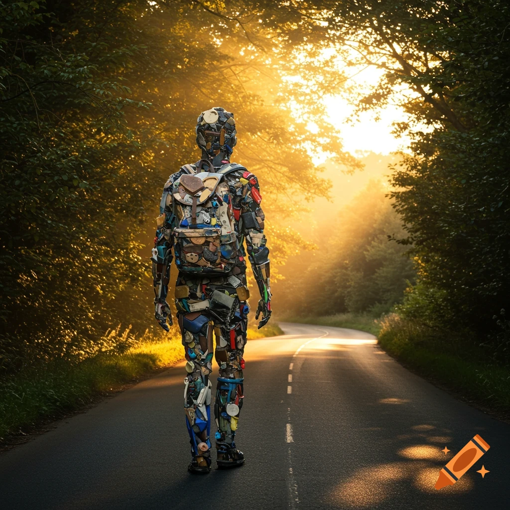 A human figure made of colorful trash walks on a sunlit road through a forest, in a collage art style.