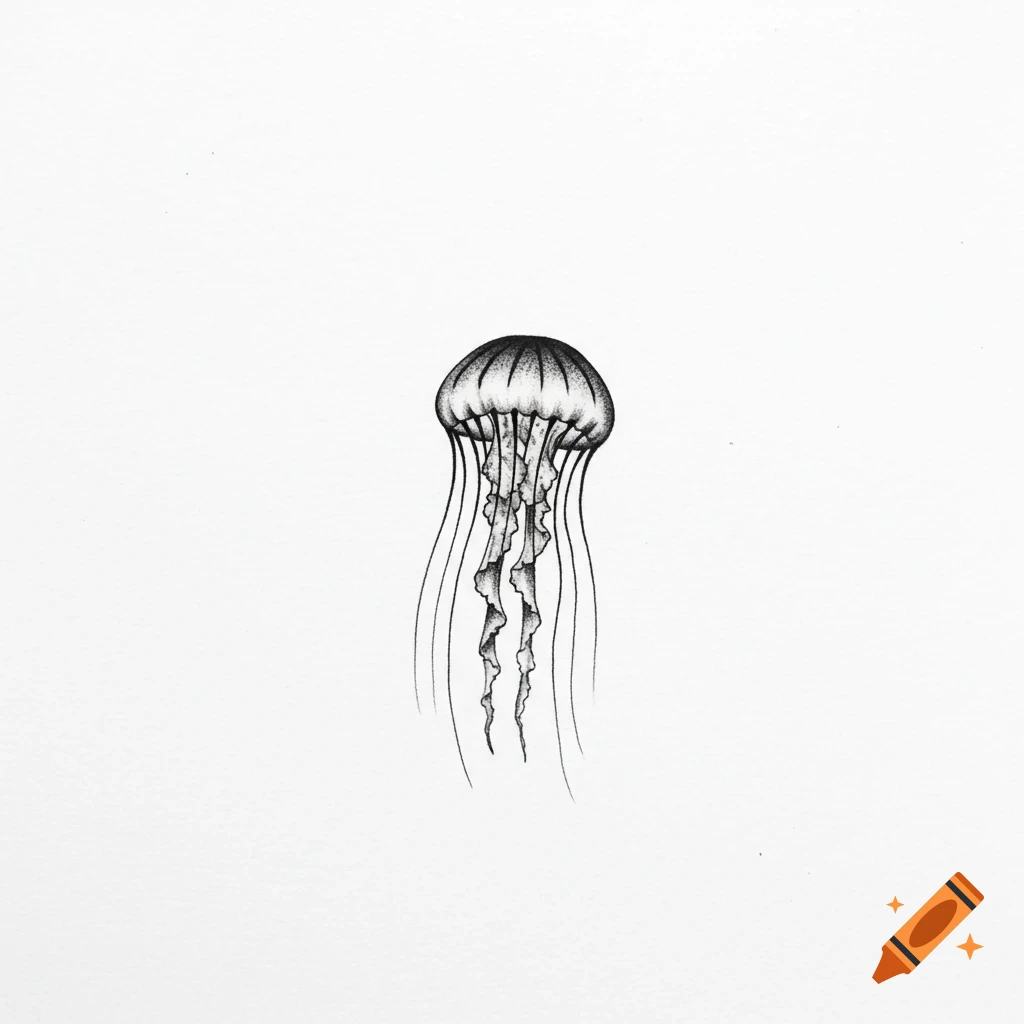 Minimalist black and white jellyfish illustration in a tattoo design style.
