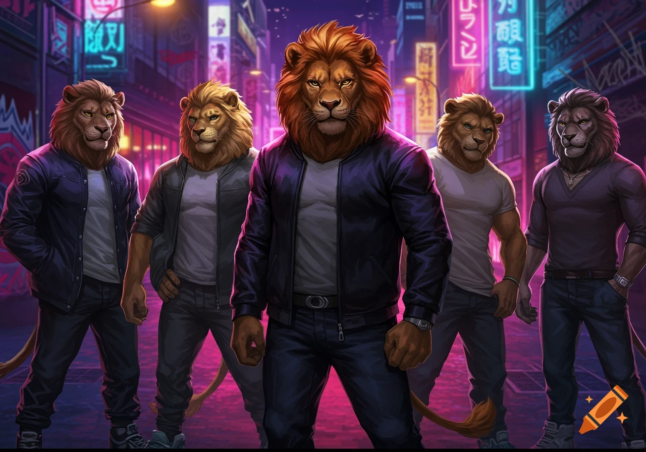 Five anthropomorphic lions dressed in modern street clothes stand on a neon-lit city street at night, looking confidently at the viewer.