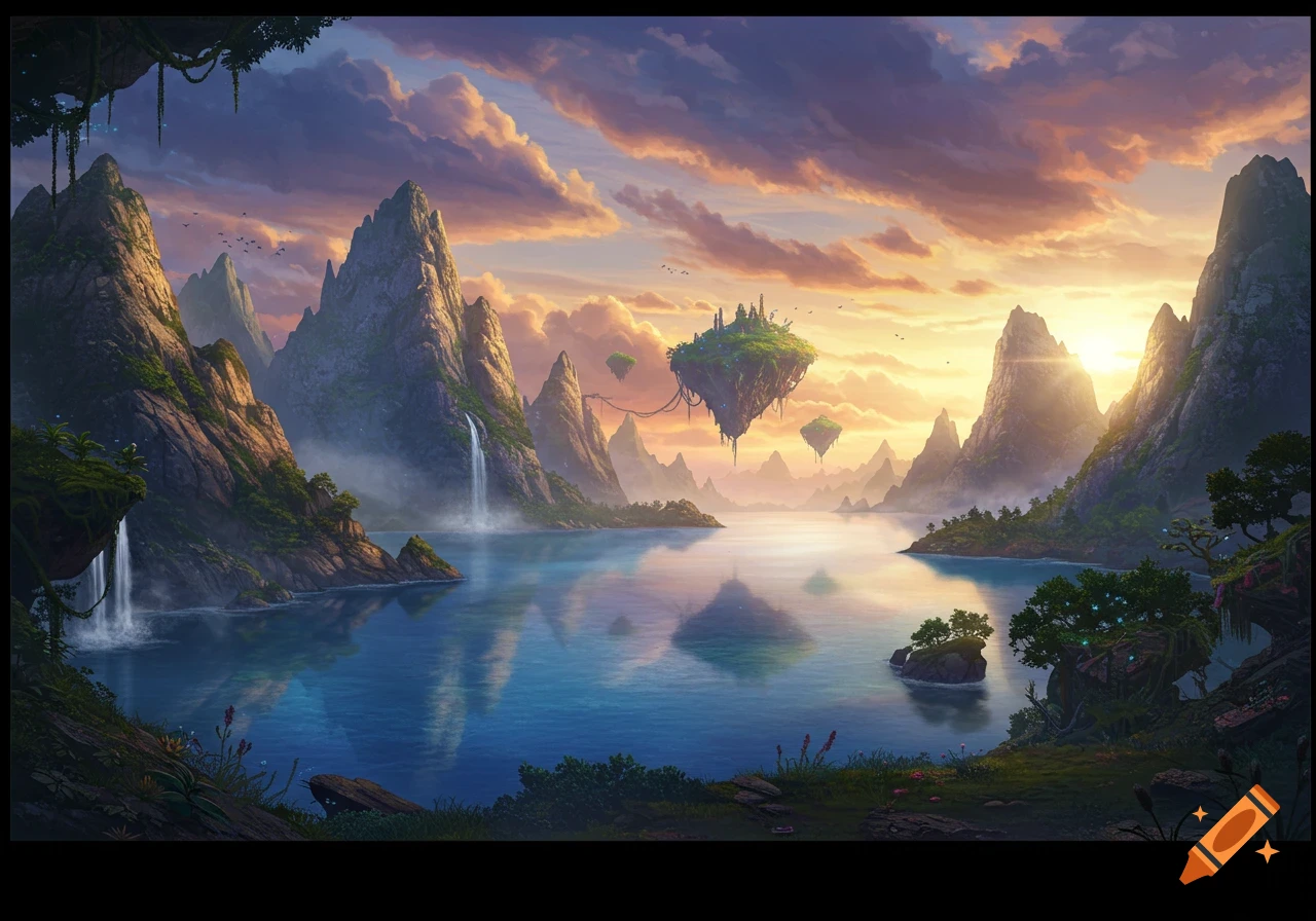 A vibrant fantasy landscape at sunset with a calm lake reflecting tall mountains and floating islands, some with structures.