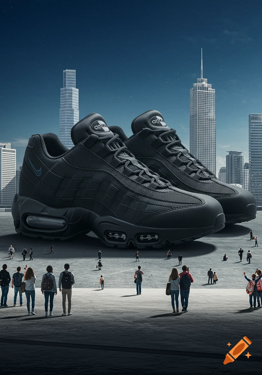 Two massive black Nike Air Max 95 shoes stand in a city square, dwarfing tiny people and skyscrapers against a blue sky.