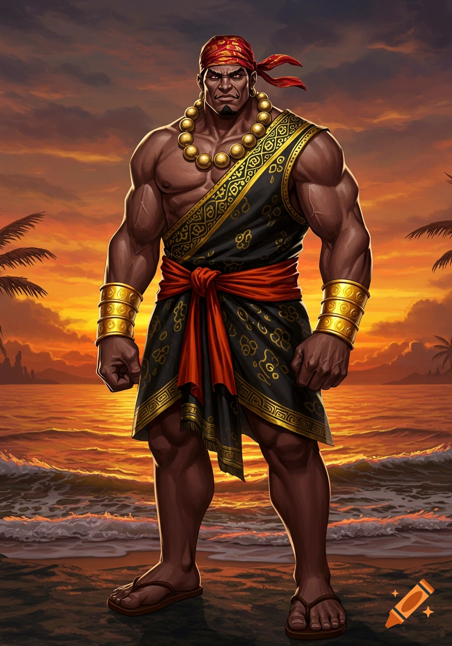 A muscular man with dark skin, red bandana, gold jewelry, and a black and gold tunic stands on a beach at sunset, illustration.