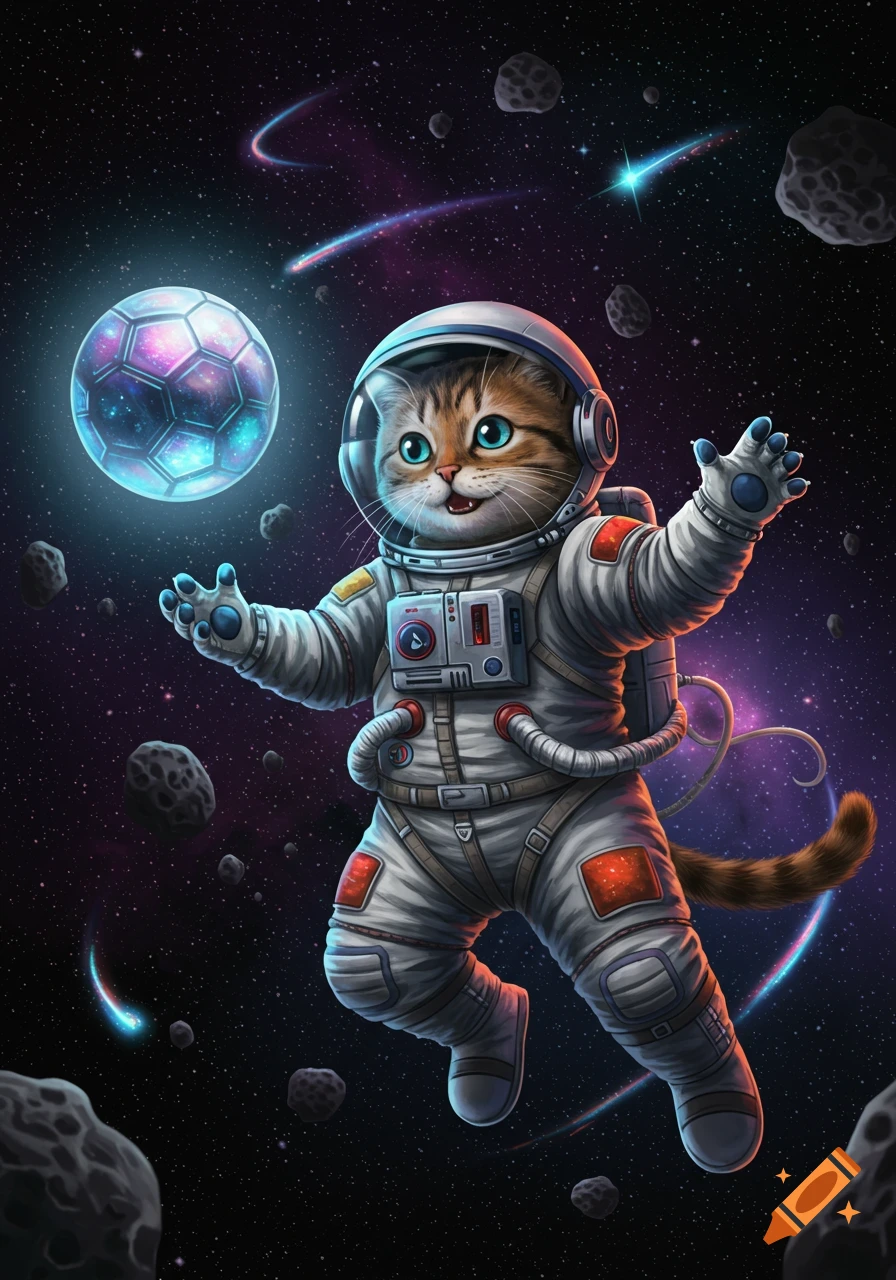 Cartoon cat astronaut in space, playing with a glowing soccer ball among asteroids and shooting stars.