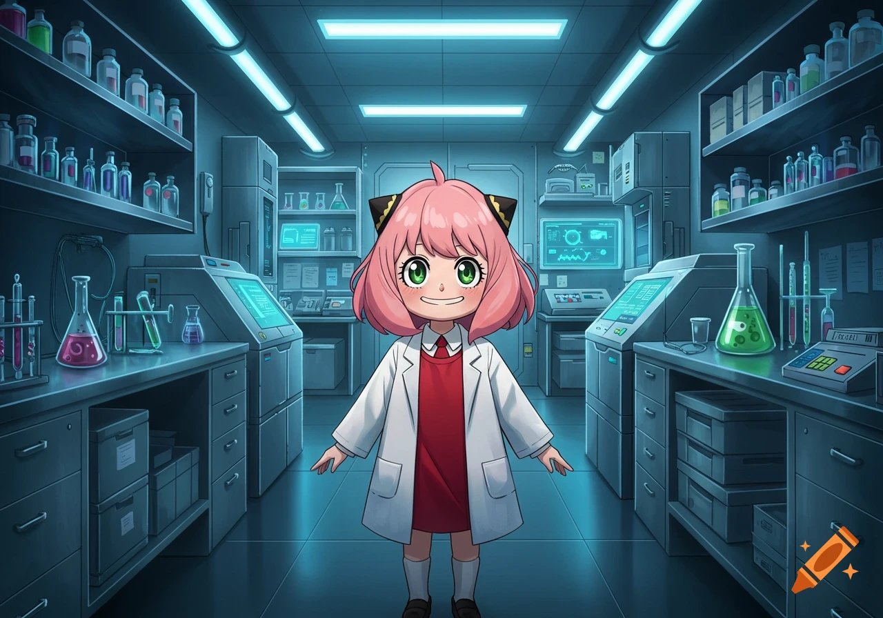 Anya from Spy x Family in a white lab coat and red dress, smiling in a futuristic science laboratory, anime illustration.