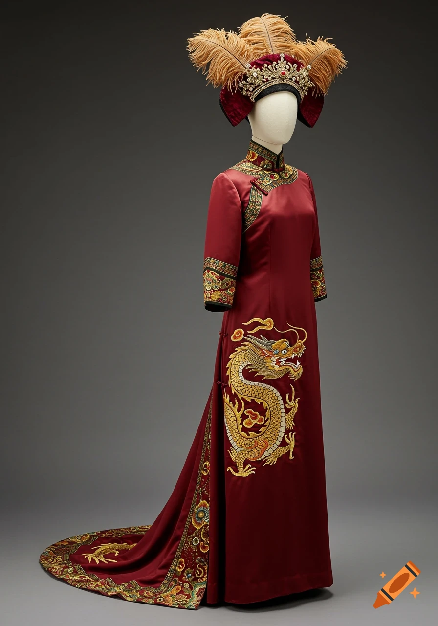 An antique burgundy red Chinese dress with gold dragon embroidery and an ornate feathered hat on a mannequin.