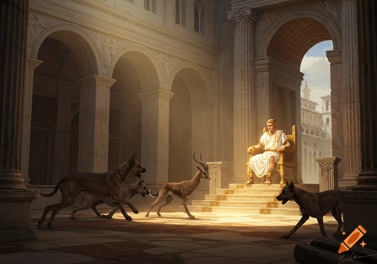 A Roman emperor sits on a golden throne in a grand hall, bathed in golden light, as hunting dogs and a gazelle halt before him.