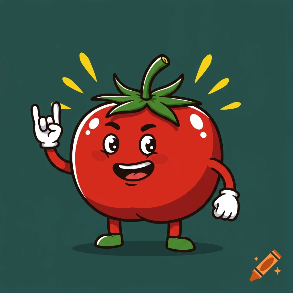A happy, simple cartoon tomato character with a stem and leaves makes a heavy metal hand sign.