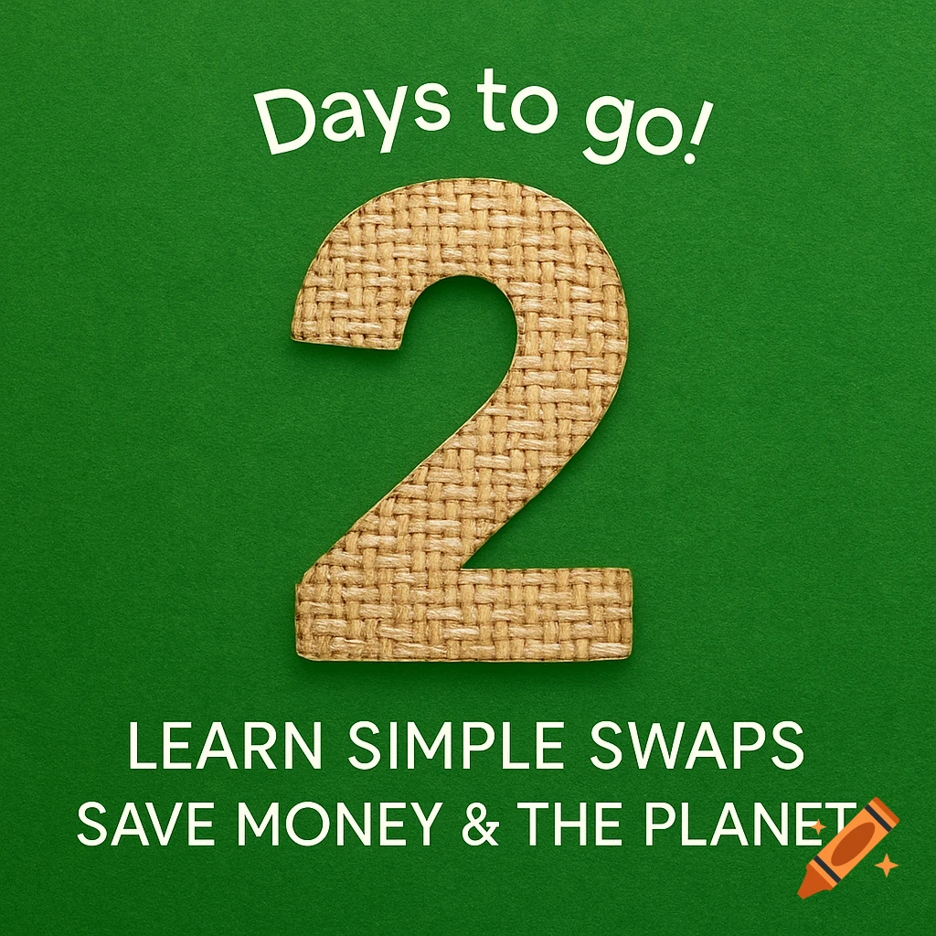 A social media graphic with a large, textured number '2' on a vibrant green background, surrounded by white text reading 'Days to go!', 'LEARN SIMPLE SWAPS', 'SAVE MONEY & THE PLANET'.