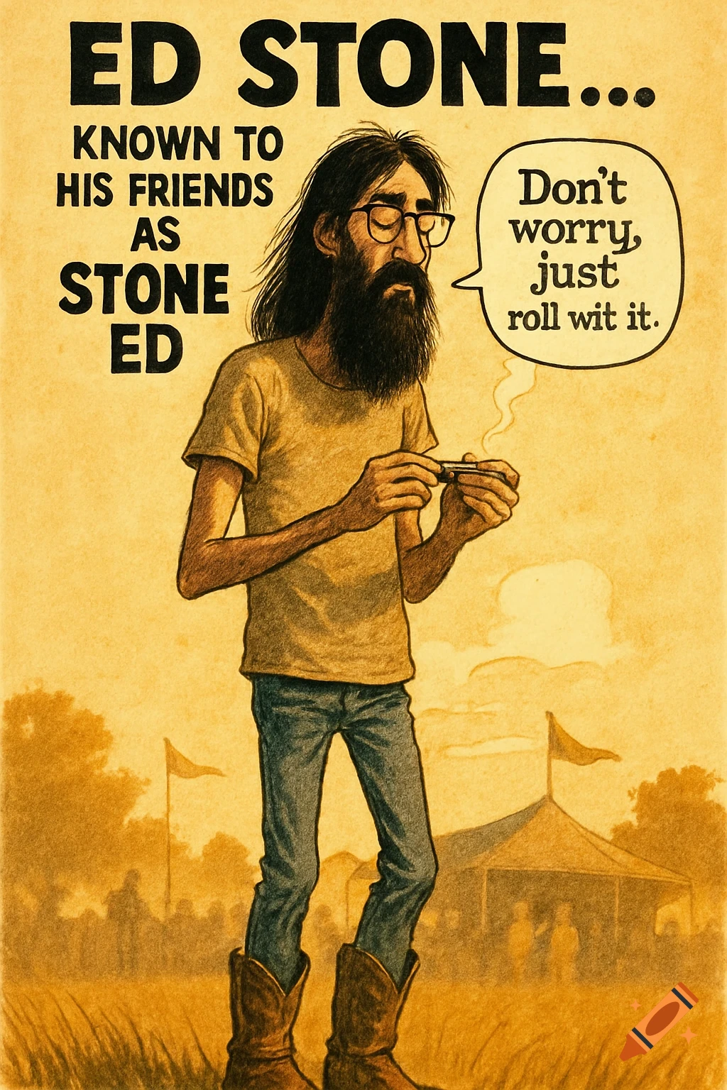 Cartoon of a long-haired, bearded man in glasses rolling a cigarette. Text reads: 'ED STONE...Don't worry, just roll wit it.'