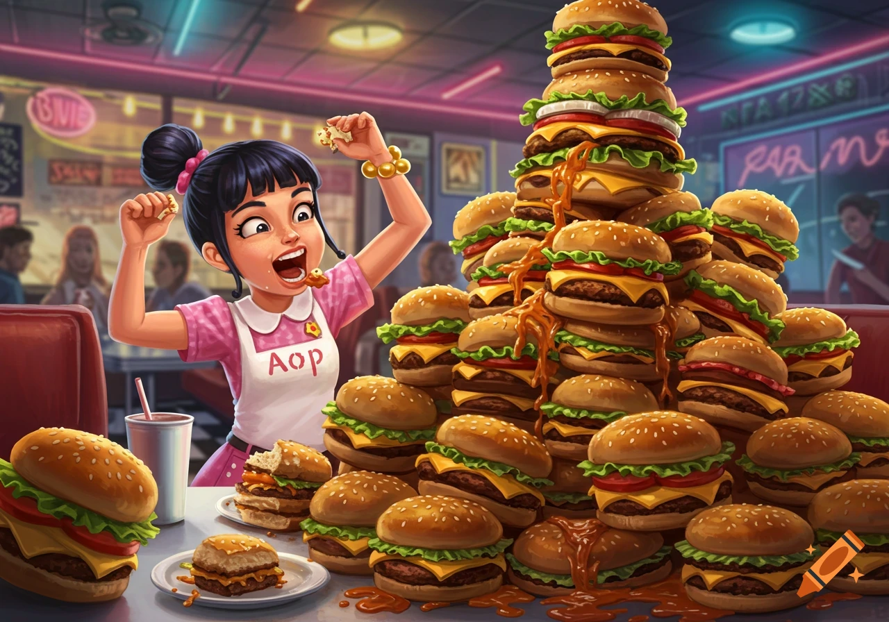 A cartoon girl in a diner excitedly eats from a massive pile of hamburgers.