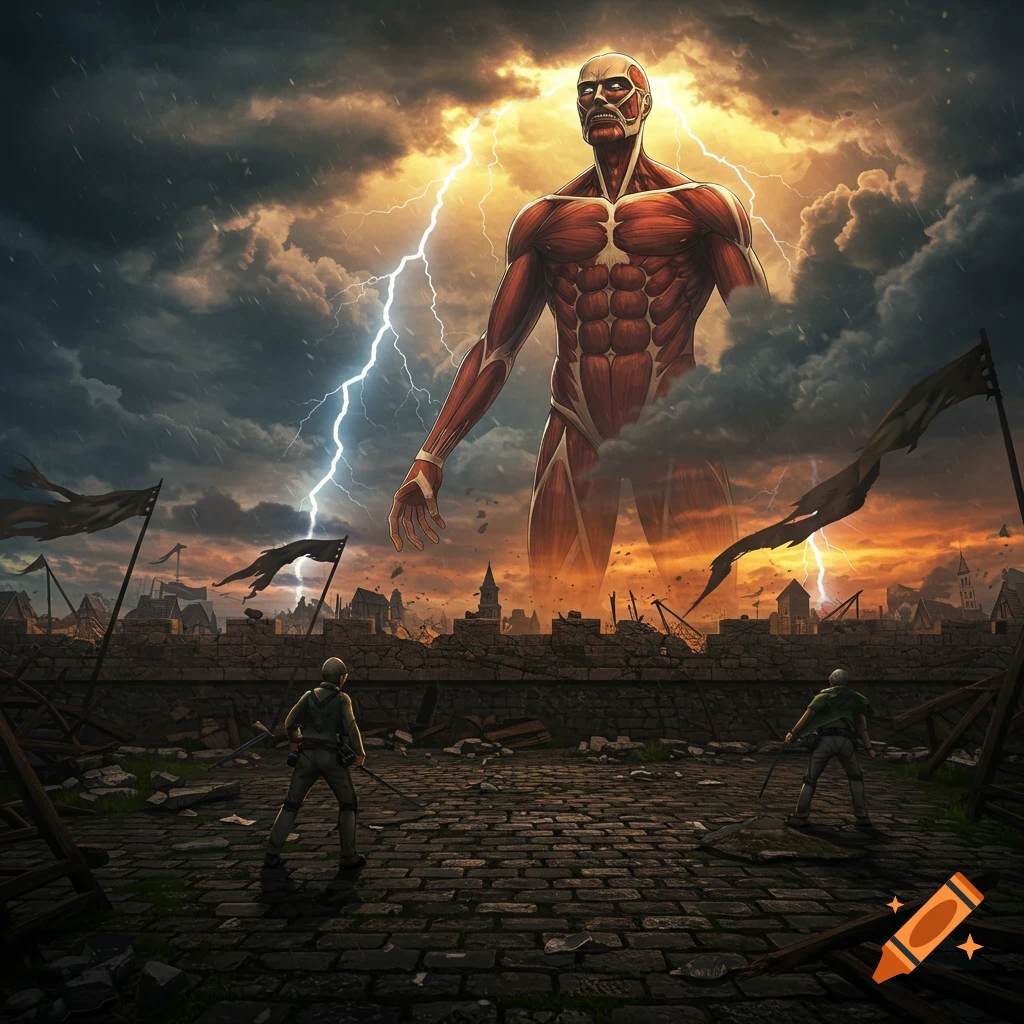 A giant, muscular Colossal Titan looms over a ruined city under a lightning-filled stormy sky, with two soldiers on a wall.