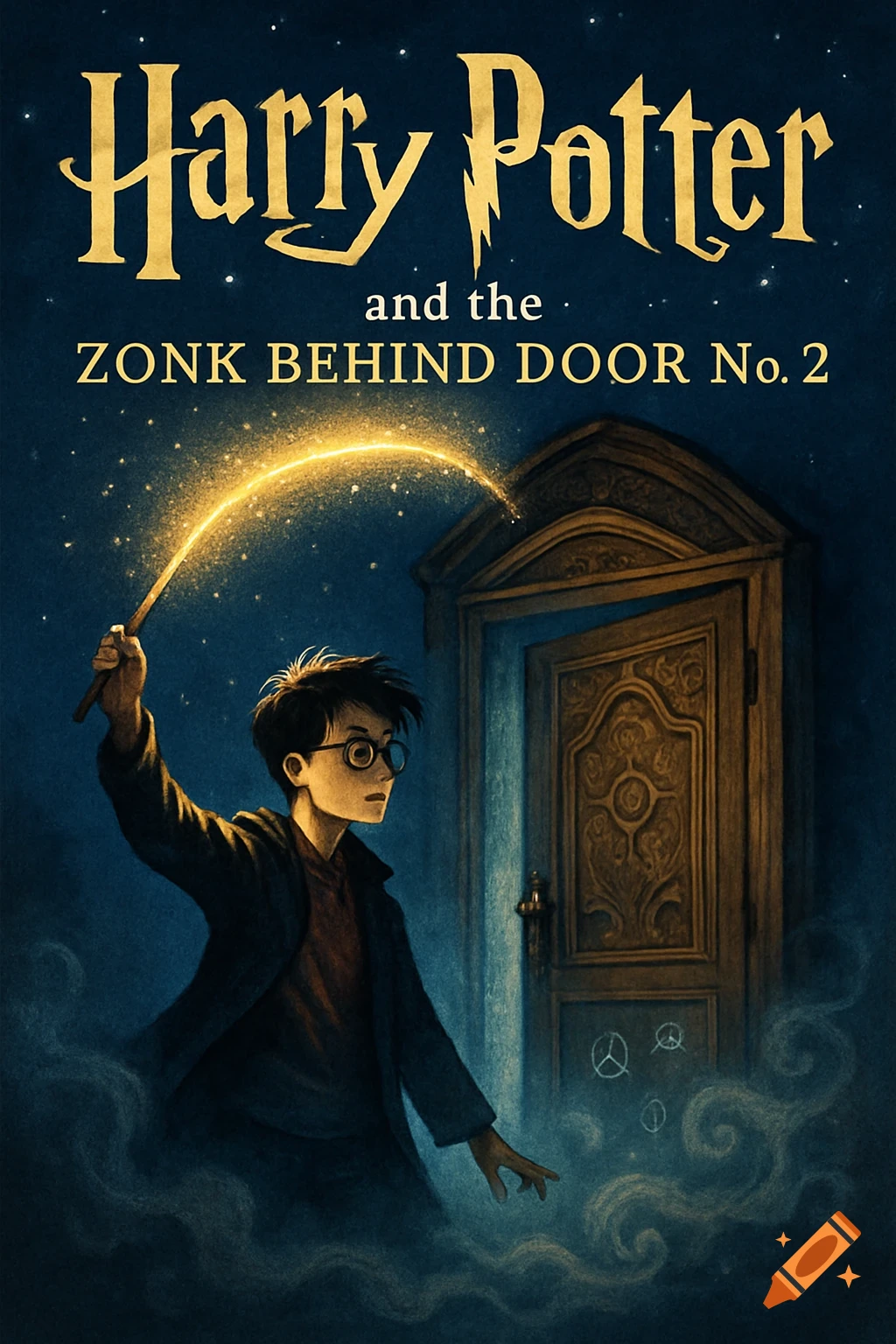 An illustrated book cover titled 'Harry Potter and the Zonk Behind Door No. 2,' featuring a boy in glasses casting a spell.