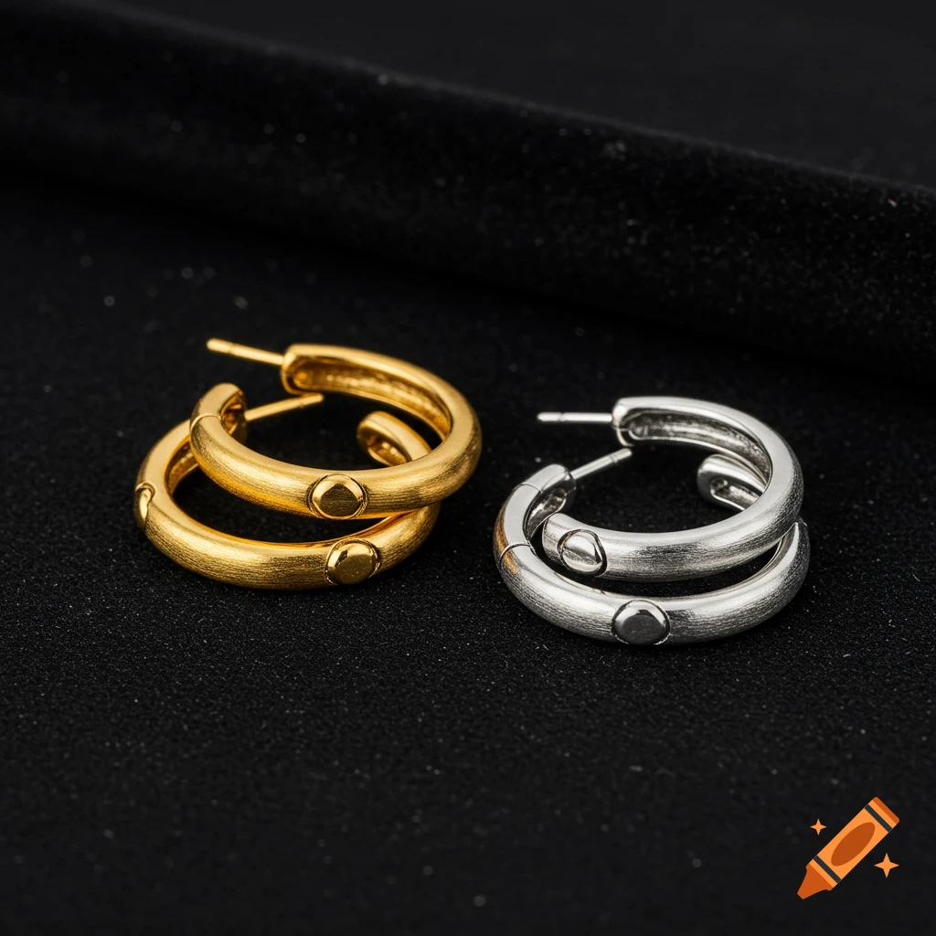 Two pairs of thick hoop earrings, one gold and one silver, displayed on a black textured surface.