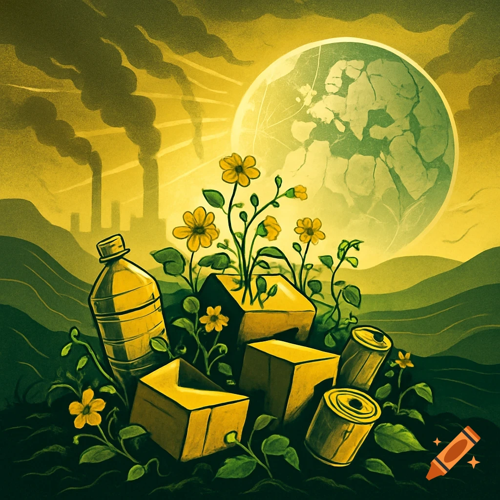 Stylized illustration of environmental pollution, showing factory smoke, a cracked earth in the sky, and trash like bottles and cans amidst struggling plants.