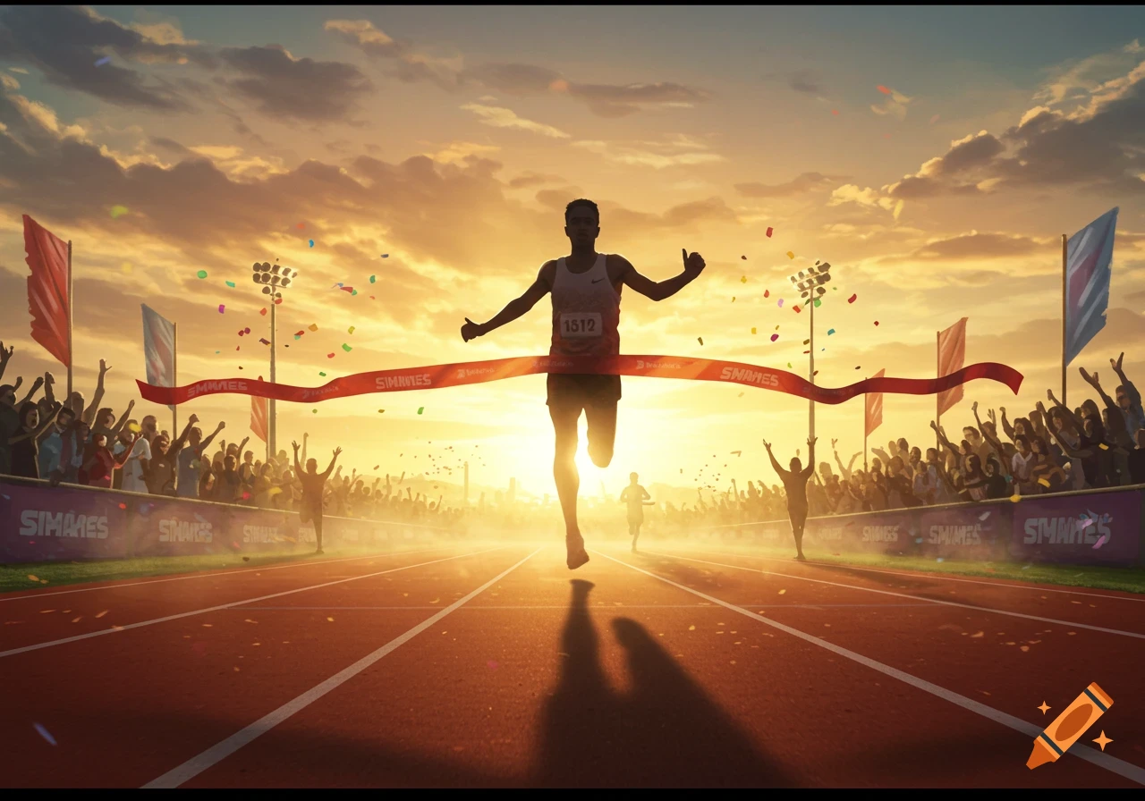 A silhouetted runner crosses the finish line at sunset, arms raised in victory, as a cheering crowd celebrates.