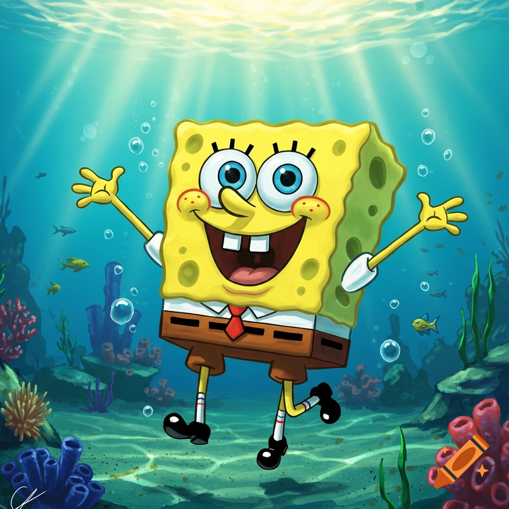 Spongebob Squarepants, with a wide smile and arms outstretched, floats happily underwater amidst coral, fish, and bubbles, with light rays shining from above.