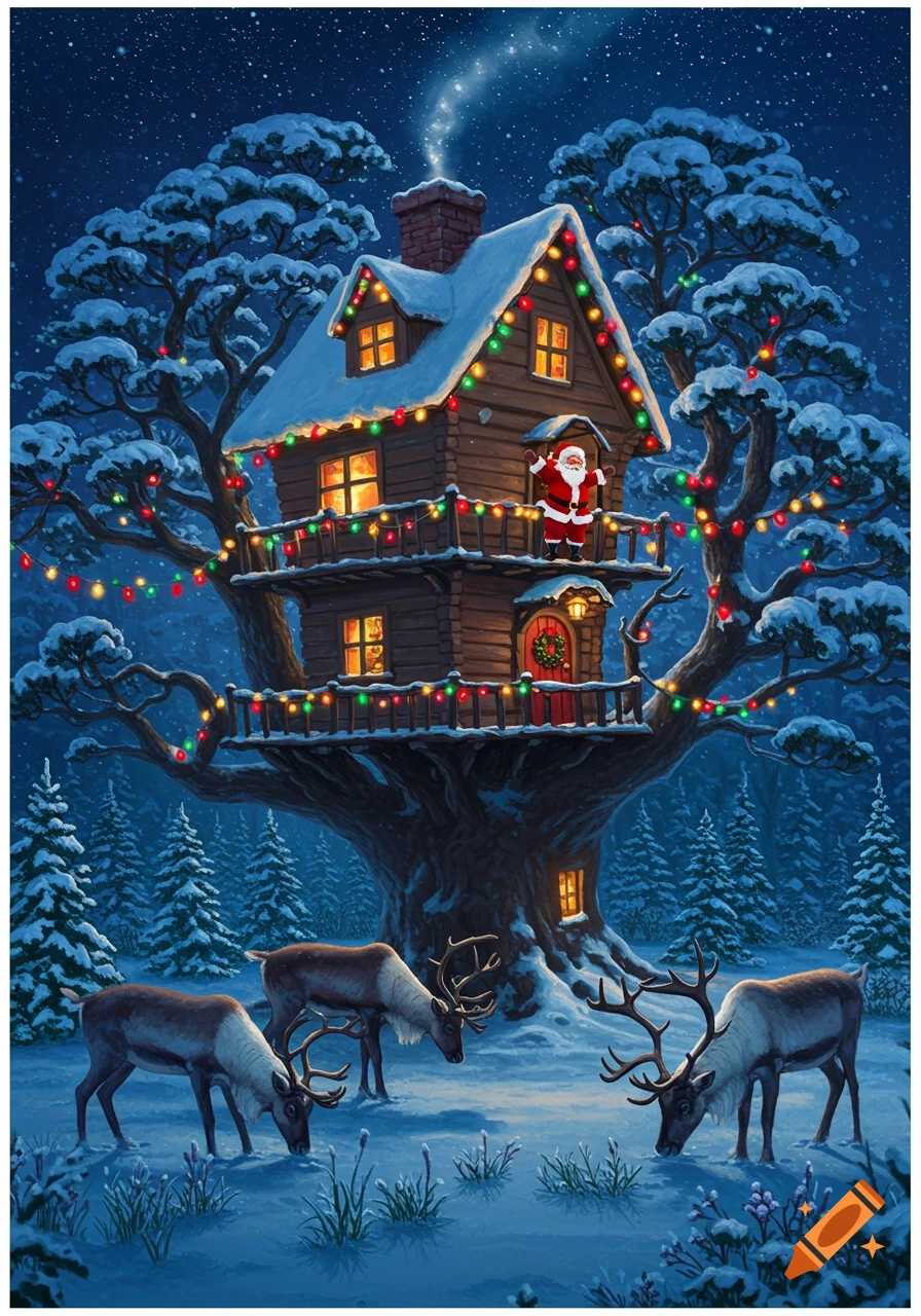 Illustrated Christmas scene at night: Santa waves from a festive treehouse, decorated with lights, as reindeer graze in the snowy forest.