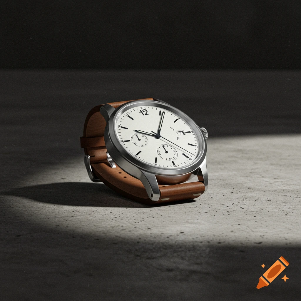 Photorealistic image of a silver watch with a white face and brown leather strap on a concrete surface.