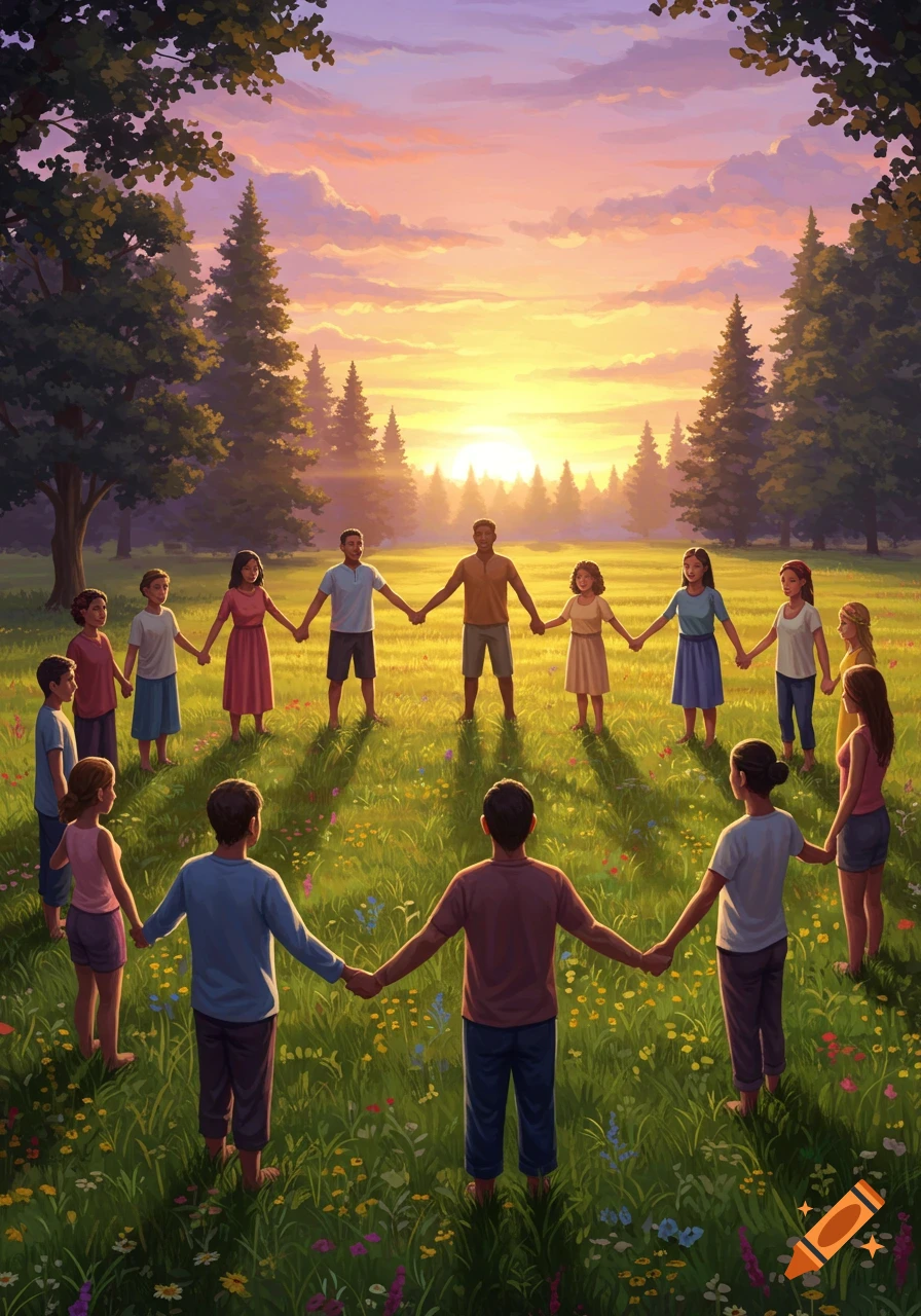 Diverse group of people holding hands in a circle in a sunlit grassy field with trees at sunset.