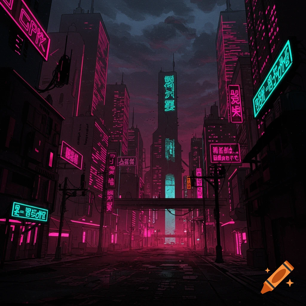 Noir cyberpunk cityscape with towering skyscrapers and vibrant magenta and cyan neon lights under a moody sky, comic book style.