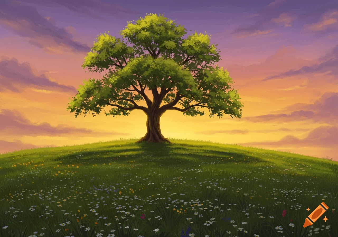 An illustrative scene of a lush green tree on a grassy hill with wildflowers, set against a vibrant orange and purple sunset sky.