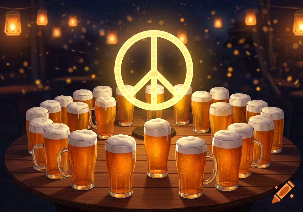 Many frothy beer mugs on a wooden table, arranged around a glowing peace sign. Lanterns and lights twinkle in the dark background.