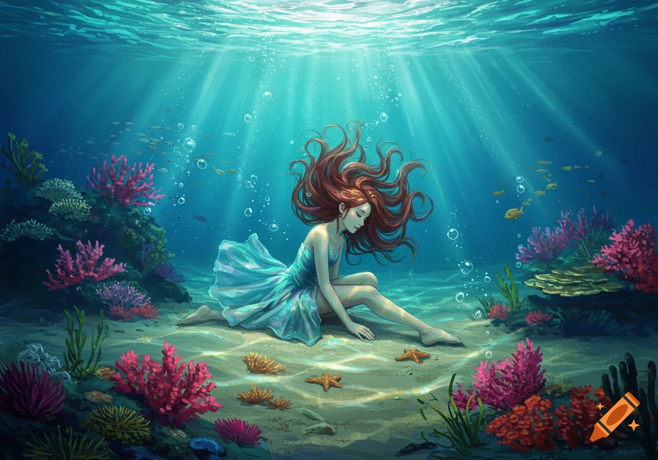 Digital art of a girl with long red hair sitting on an underwater seabed, surrounded by colorful coral and starfish.