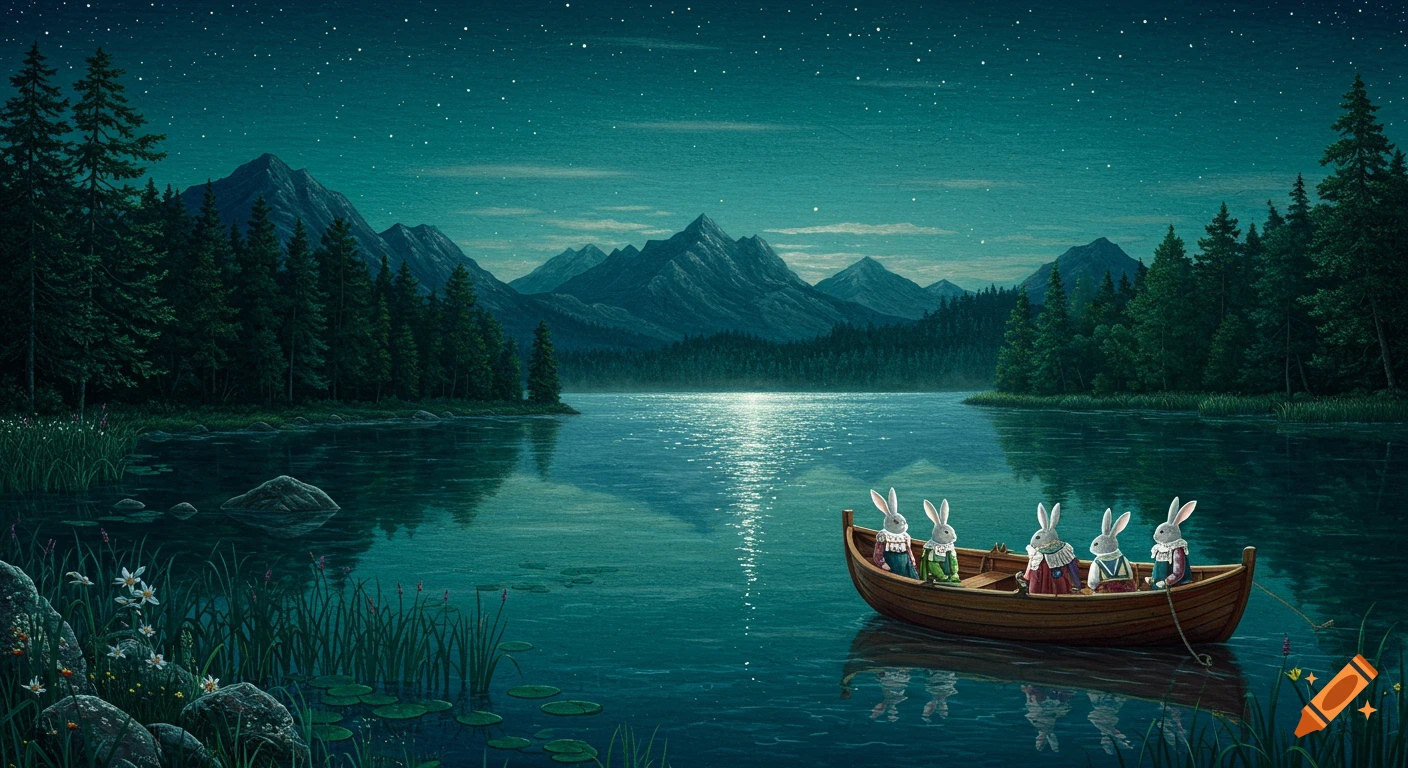 Five rabbits in a boat drift on a moonlit lake at night, surrounded by dark forests and mountains, in an illustrated style.