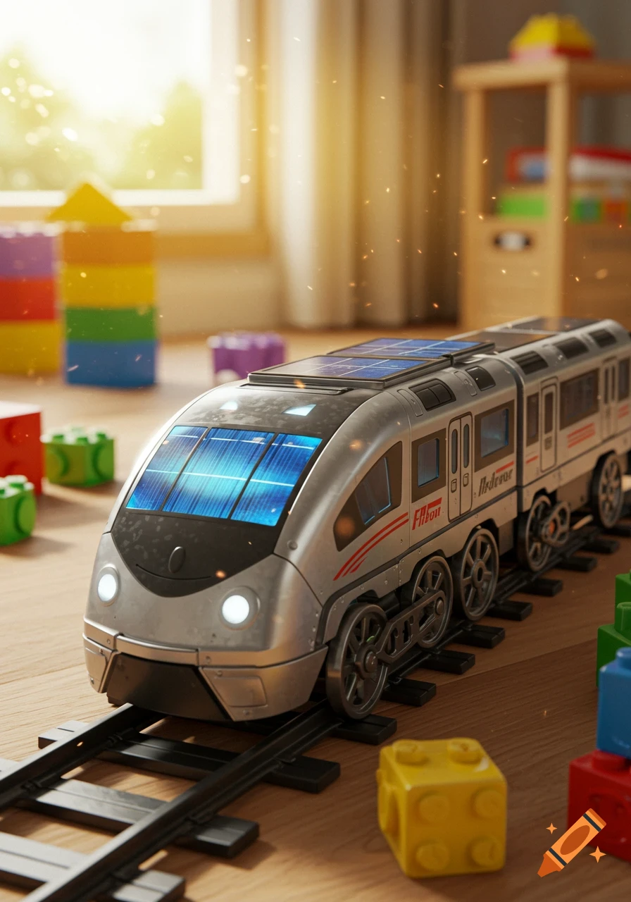 A close-up, photorealistic image of a solar-powered toy train on tracks in a child's room, surrounded by colorful building blocks.