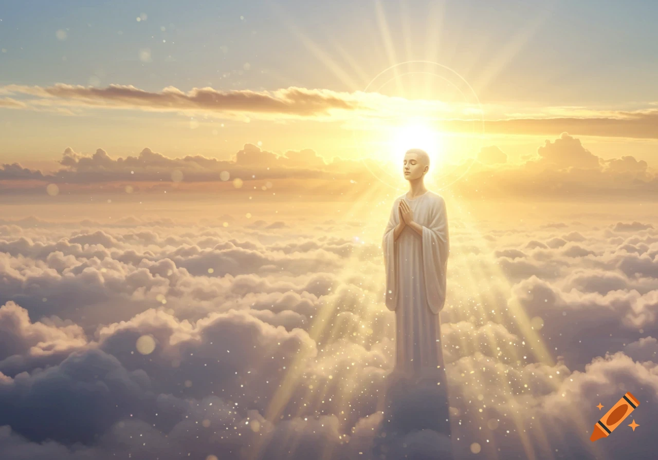 A serene, bald figure in a white robe with closed eyes and praying hands stands on clouds as golden light rays shine down from a bright sky.