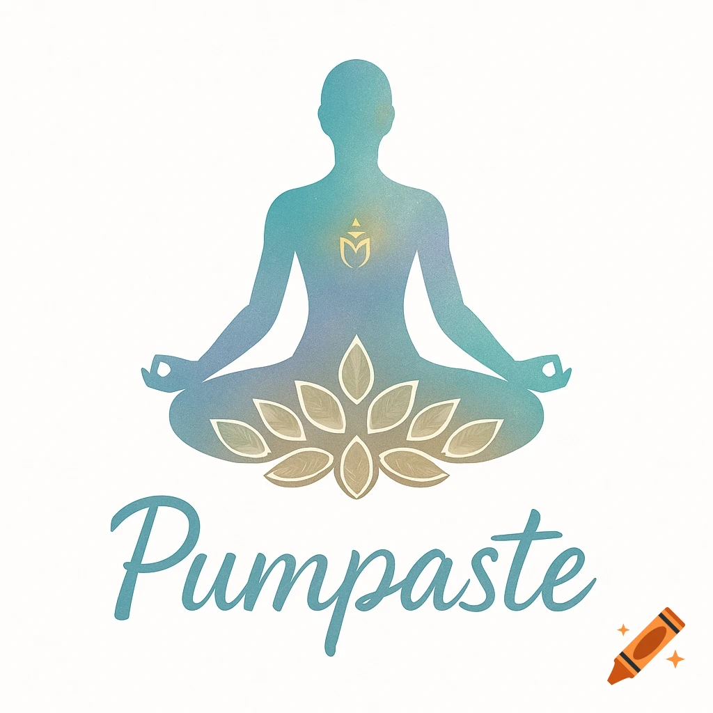Gradient blue and gold logo of a person in a yoga lotus pose with a central symbol, lotus leaves, and 'Pumpaste' text.