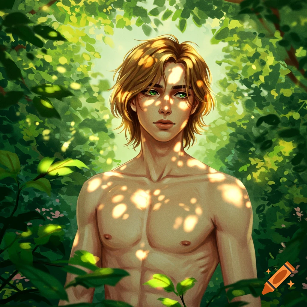 A handsome young man with blonde hair and green eyes stands shirtless in a sun-dappled green jungle, digital art style.