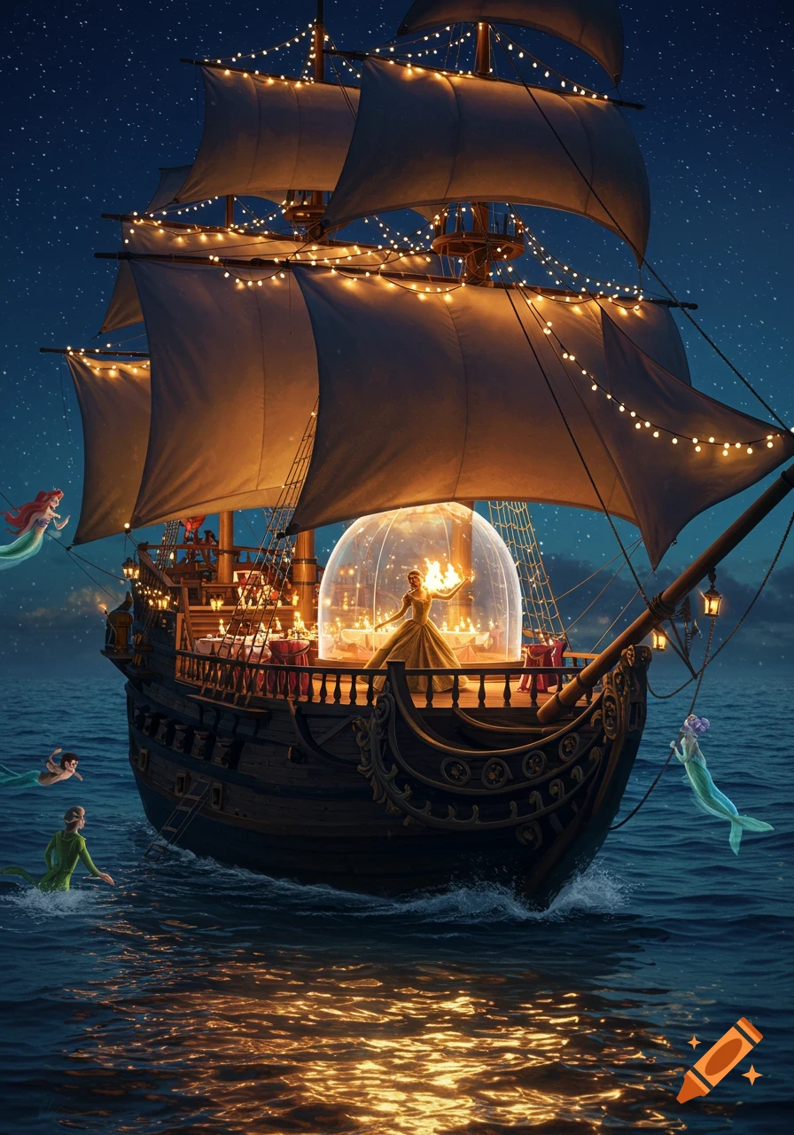 A fantasy pirate ship decorated with string lights sails at night, featuring a princess in a fiery dome on deck and mermaids in the sparkling water.