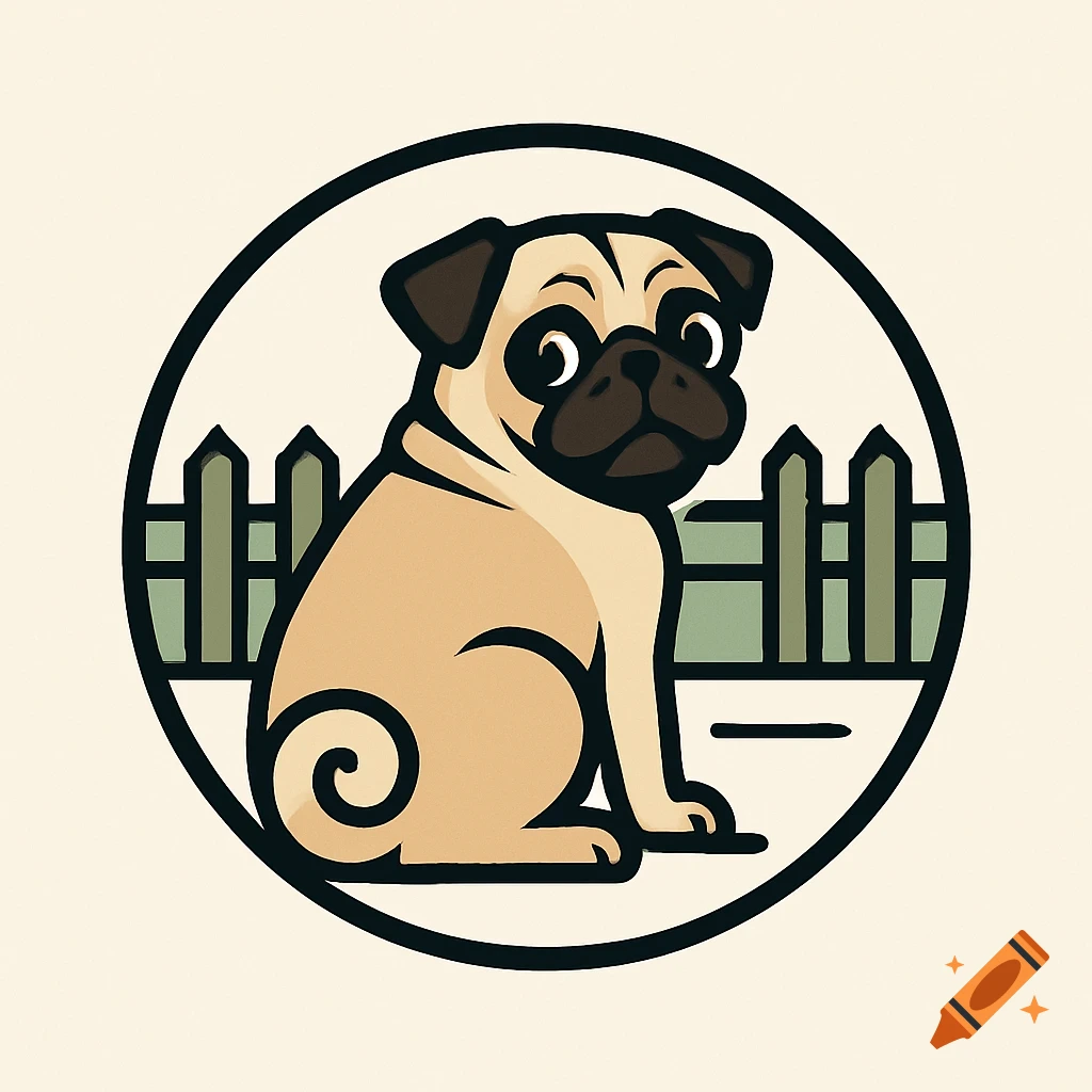 A cute pug dog in a circular logo illustration, sitting with its head turned back, with a picket fence behind it. Styled with clean lines and bold colors.