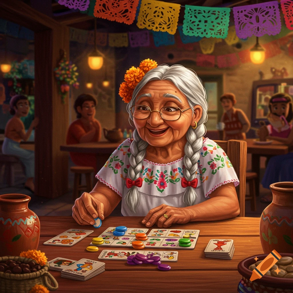 Mama Coco, an elderly woman with braids, smiles while playing a colorful board game in a festive, animated setting.